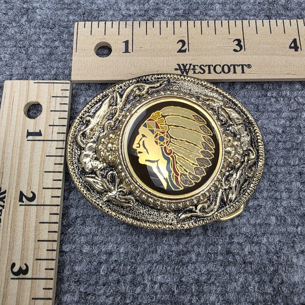 Vintage Brass Tone Belt Buckle Indian Chief Head USA No. 851 3x2.5in Western - Picture 9 of 10